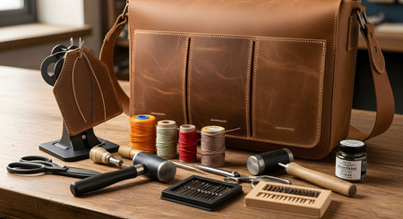 A set of professional leatherworking tools arranged on a wooden table next to a handcrafted leather messenger bag. The scene includes spools of thread, needles, a hammer, and cutters, representing artisan craftsmanship.の素材