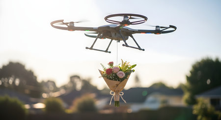 A commercial drone hovers in the air carrying a hanging bouquet of roses and lilies as a romantic gift delivery. The background shows a soft-focus suburban setting, emphasizing modern logistics and personalized service.の素材