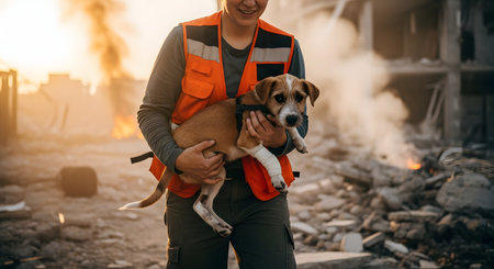 A female rescue worker in an orange vest carries an injured dog through a rubble-filled disaster zone with smoke in the background. The powerful image depicts hope, heroism, and humanitarian aid during a crisis.の素材