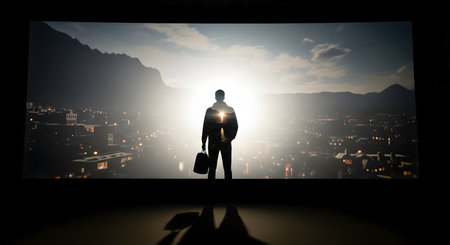 The silhouette of a business professional holding a briefcase stands before a massive panoramic screen displaying a city skyline at sunrise. The image represents corporate ambition, future vision, and the intersection of humanity and urban development.の素材