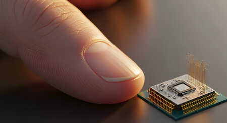 A macro close-up showing the scale of a tiny microchip placed next to a human finger. This image illustrates the incredible miniaturization and precision engineering involved in modern semiconductor technology.の素材