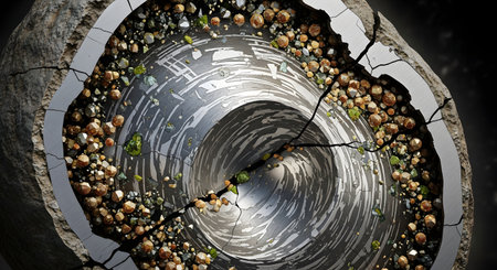 A detailed cross-section of a spherical rock formation reveals intricate layers of metallic gray minerals and embedded crystals. The cut surface displays concentric rings and complex geological textures, resembling a scientific core sample.の素材