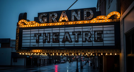 The illuminated marquee of the Grand Theatre glows against a gloomy overcast evening sky. The vintage sign with its exposed light bulbs and retro typography reflects onto the wet street below evoking a sense of nostalgia.の素材
