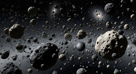 A cinematic 3D rendering of a dense field of asteroids and rocky debris floating in deep space. The background features distant galaxies and stars, creating an immersive sci-fi atmosphere of a cosmic belt.の素材