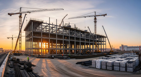 A large multi-story building under construction is framed by tall cranes against a warm sunset sky. The industrial scene highlights urban development, real estate expansion, and engineering progress in a growing city.の素材