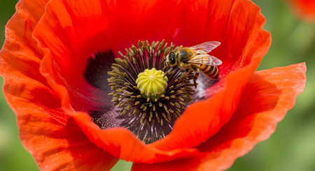 A macro shot of a honey bee collecting pollen from the center of a vibrant red poppy flower. The image captures the intricate details of the insect and the delicate texture of the flower petals in bright sunlight.の素材