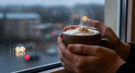 Hands holding a warm mug of hot chocolate topped with whipped cream against a backdrop of a rainy window. The steam rising from the cup and the bokeh city lights create a cozy, comforting winter or autumn atmosphere.の素材