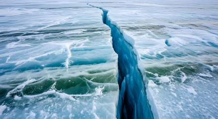A dramatic aerial view of a deep crack running through a vast sheet of blue ice. The frozen surface displays intricate textures and shades of white and turquoise, symbolizing winter, danger, or climate change issues.の素材