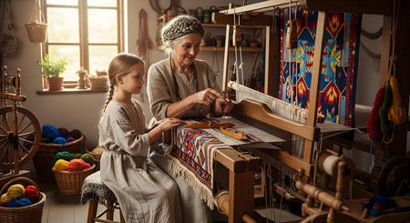 An elderly woman teaches a young girl how to weave on a traditional wooden loom in a rustic workshop. They focus on the colorful threads and shuttle, illustrating the passing down of artisanal skills and family traditions. The warm light highlights the connection between generations.の素材