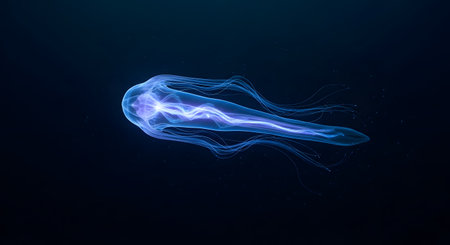 A stunning, translucent deep-sea creature, resembling a siphonophore or jellyfish, glows with an electric blue light in the darkness. Its elongated body and delicate filaments float gracefully in the water, showcasing bioluminescence.の素材
