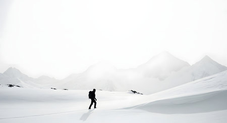A lone hiker treks across a vast pristine white snowfield towards distant misty mountains. The minimalist composition highlights the scale of nature and the solitude of winter exploration in a high key style.の素材