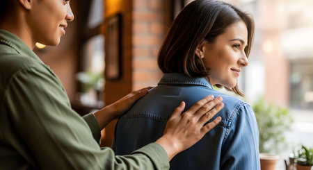 A caring woman places her hands on her smiling friend's shoulders offering comfort and support in a cafe. The scene conveys empathy, friendship, trust, and emotional connection between two people.の素材