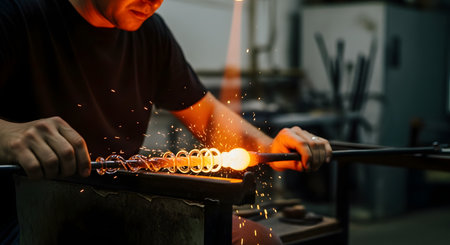 A skilled glassblower shapes a glowing rod of molten glass using a metal tool, creating sparks in a dark workshop. The close-up shot highlights the intense heat and craftsmanship involved in the glass-making process.の素材