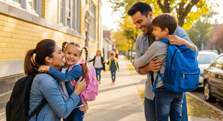 A loving family scene on a sidewalk near a school where parents are hugging their young son and daughter goodbye or hello. The children are wearing backpacks suggesting the beginning or end of a school day filled with care and happiness.の素材