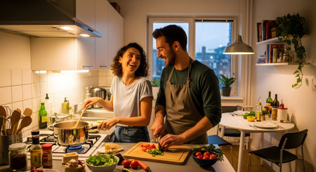 A cheerful couple cooks dinner together in a modern kitchen, with the man chopping vegetables and the woman stirring a pot. They share a laugh in the warm glow of the kitchen lights, enjoying their time together preparing a meal.の素材
