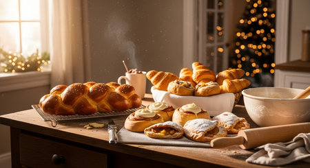 A festive kitchen table displays a delicious spread of freshly baked goods, including braided bread, croissants, and cinnamon rolls, alongside baking tools like a rolling pin and flour. A blurred Christmas tree with twinkling lights in the background sets a warm, holiday atmosphere.の素材