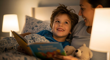 A mother reads a bedtime storybook to her smiling young son as they lie together in bed. The warm glow of bedside lamps creates a cozy and comforting atmosphere for this nightly family ritual.の素材