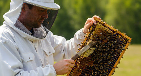 A beekeeper clad in a white protective suit and veil inspects a wooden frame covered in bees. He uses a brush to gently move the bees, checking the health of the hive and honey production in a sunny apiary.の素材