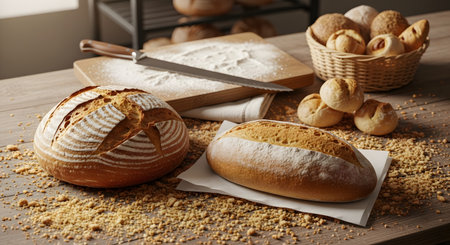 Freshly baked sourdough bread loaves with flour dusting sit on a rustic wooden table alongside a knife and a basket of buns. The image captures the warmth of artisan baking and traditional culinary craftsmanship.の素材