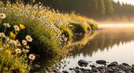 A cluster of white and yellow wildflowers grows on the rocky shore of a calm lake at sunrise. Morning mist rises from the water, creating a peaceful and serene nature landscape.の素材