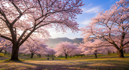 A breathtaking spring landscape featuring large cherry blossom trees with vibrant pink flowers blooming in a grassy park. The sun shines through the branches, illuminating the petals and the distant mountains.の素材
