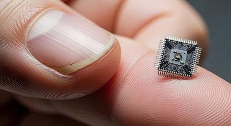 An extreme close-up shows a tiny, complex microchip resting on the tip of a human finger, highlighting its miniature scale. The detailed circuitry of the processor contrasts with the organic texture of the fingerprint skin ridges.の素材