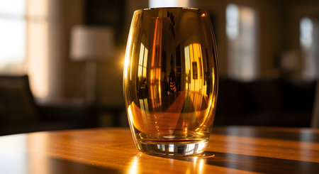 A stunning gold-colored glass vase stands on a polished wooden table, reflecting the warm sunlight and the blurred interior of a room. The amber hues and sleek curves of the vase create a modern and elegant decorative focal point. This image captures concepts of interior design, luxury home decor, and artistic glasswork.の素材