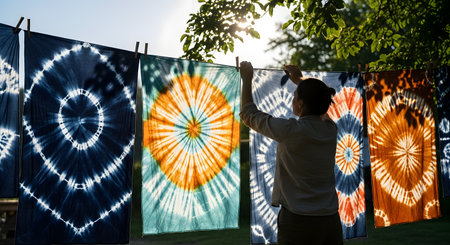 A woman hangs vibrant blue and orange tie-dye fabrics on a clothesline to dry in the sun. The handmade textile art creates striking patterns against the natural green background.の素材