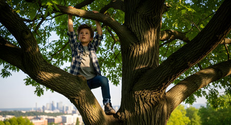 A young boy wearing a plaid shirt climbs a large tree, looking up with curiosity. In the background, a city skyline is visible through the green leaves, suggesting a park setting within an urban environment.の素材