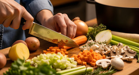 A close-up view of a person's hands using a chef's knife to chop fresh carrots on a wooden cutting board. Surrounding the workspace are various ingredients like potatoes, onions, celery, mushrooms, and herbs, depicting meal preparation in a kitchen.の素材