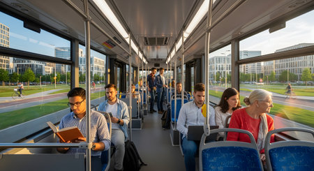 The interior of a modern city bus is filled with diverse passengers sitting and standing during a sunny commute. Large windows offer a view of the passing urban landscape while people read, check phones, or look outside. This photo captures the daily routine of public transportation and city life.の素材