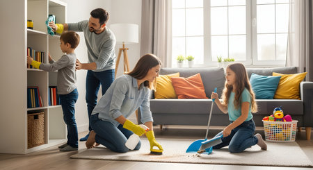 A happy family works together to clean their bright living room; the father wipes shelves, the mother scrubs the rug, and the children help with dusting and sweeping. This image promotes teamwork, responsibility, and a tidy home environment.の素材
