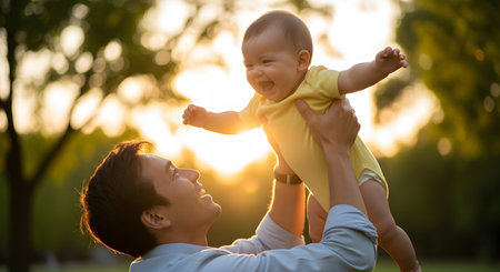 A happy father lifts his smiling baby high into the air in a park during sunset. The golden backlighting creates a warm, joyful atmosphere emphasizing the loving bond between parent and child.の素材