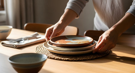 A person's hands carefully place handmade ceramic plates on a woven placemat on a wooden dining table. The scene is bathed in natural light, evoking a sense of hospitality and preparation for a meal.の素材