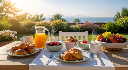 A luxurious breakfast spread is laid out on a wooden table on a sunny terrace overlooking the sea. The meal includes fresh croissants, bowls of fruit and cereal, orange juice, and hot coffee, set against a backdrop of a blooming garden and blue ocean. This scene invites relaxation and enjoyment of a perfect morning vacation.の素材