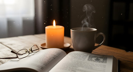 A cozy and atmospheric scene featuring an open book with reading glasses resting beside it on a wooden table. A lit candle provides a warm glow next to a steaming cup of coffee or tea, creating a perfect environment for reading, study, or quiet reflection.の素材