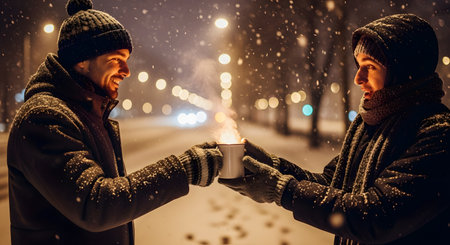 Two smiling men wrapped in winter coats and scarves stand on a snowy city street at night, holding a steaming mug between them. The warm glow of streetlights and falling snow creates a festive and friendly atmosphere. This image represents friendship, winter warmth, and shared moments.の素材