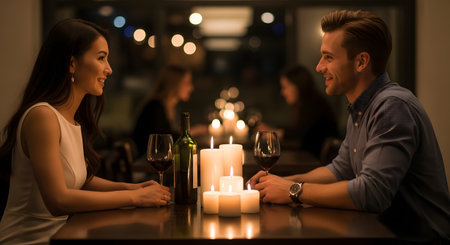 A young couple enjoys a romantic candlelight dinner at an upscale restaurant, looking affectionately into each other's eyes. Two glasses of red wine and glowing candles sit on the wooden table, creating an intimate and warm atmosphere.の素材