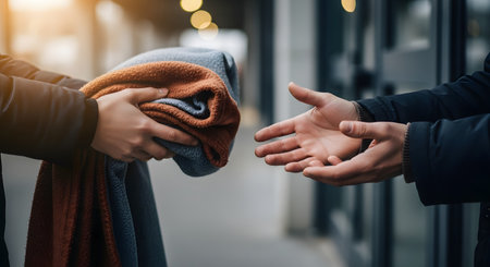 A close-up shot of hands passing a folded warm blanket to another person, symbolizing acts of charity and kindness. The image focuses on the gesture of giving and support, particularly relevant for winter relief or donation concepts.の素材