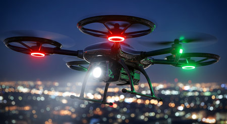 A modern black drone hovers in the night air, illuminated by navigation lights against a backdrop of city bokeh. The image represents advanced surveillance technology, aerial photography, and robotics in an urban environment.の素材