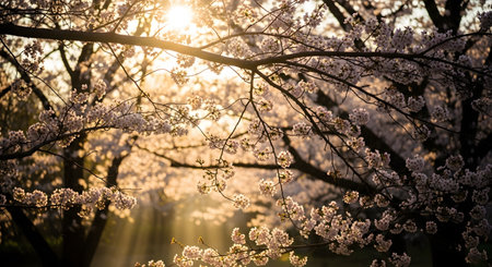 Branches of blooming cherry blossom trees are silhouetted against the bright sun creating beautiful sunbeams. The image captures the ethereal beauty and renewal of nature during the spring season.の素材