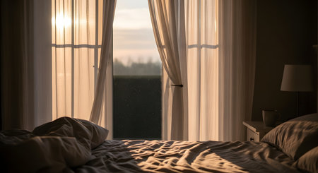 Warm morning sunlight streams through sheer curtains into a cozy bedroom, illuminating an unmade bed. A cup of coffee sits on the nightstand, evoking a peaceful, slow start to the day.の素材