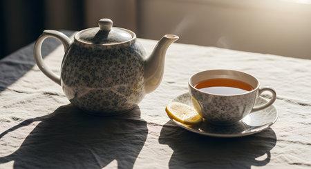 A classic white floral teapot and a matching teacup with a lemon slice sit on a textured tablecloth bathed in warm morning sunlight. Steam rises from the spout and cup creating a cozy and inviting atmosphere for a relaxing tea break.の素材