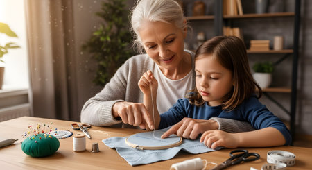 A smiling grandmother teaches her young granddaughter how to embroider at a wooden table. They are focused on the needle and thread, sharing a bonding moment over a traditional craft activity.の素材