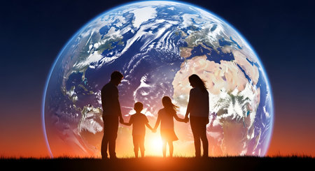 A silhouette of a family of four holding hands stands against a backdrop of a massive, glowing planet Earth at sunrise. This conceptual image represents global unity, environmental awareness, and the future of the next generation.の素材