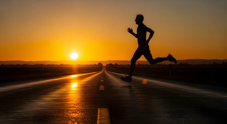 The silhouette of a male runner sprinting along a paved road against a vibrant golden sunset. The dynamic image captures the concepts of fitness, endurance, speed, and determination in an outdoor setting.の素材