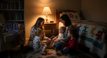 Two mothers sit on a bedroom floor with three young children, engaging in quiet conversation by the light of a warm lamp. The cozy and intimate setting highlights family bonding and bedtime routines.の素材