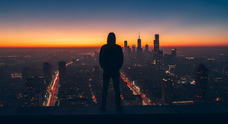A hooded silhouette stands on the edge of a high rooftop gazing out at a sprawling city skyline during a vibrant sunset. The scene captures a mood of solitude and contemplation amidst the glowing city lights and urban atmosphere.の素材