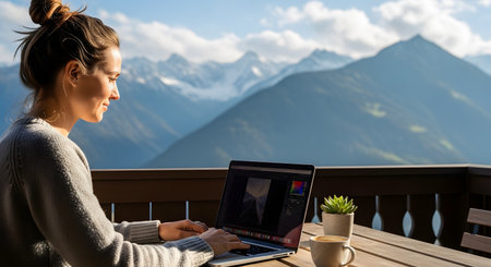 A woman works on her laptop at a wooden table on a balcony, enjoying a breathtaking view of snow-capped mountains. A coffee cup and plant sit nearby, illustrating a peaceful remote work or digital nomad lifestyle.の素材