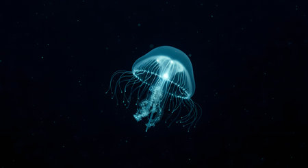 A stunning bioluminescent jellyfish floats gracefully in the deep, dark void of the ocean. Its translucent blue bell and long, trailing tentacles are illuminated by an internal glow, highlighting the mysterious and ethereal beauty of marine life.の素材